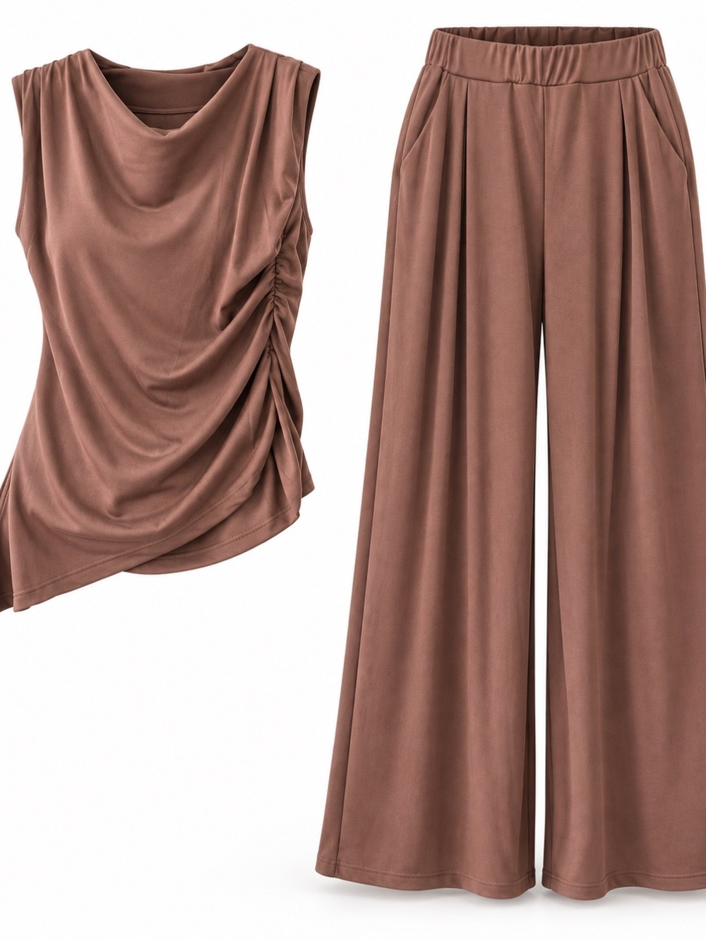 NEW Women’s 2-Piece Mocha Draped Top & Wide-Leg Pants Set – Small